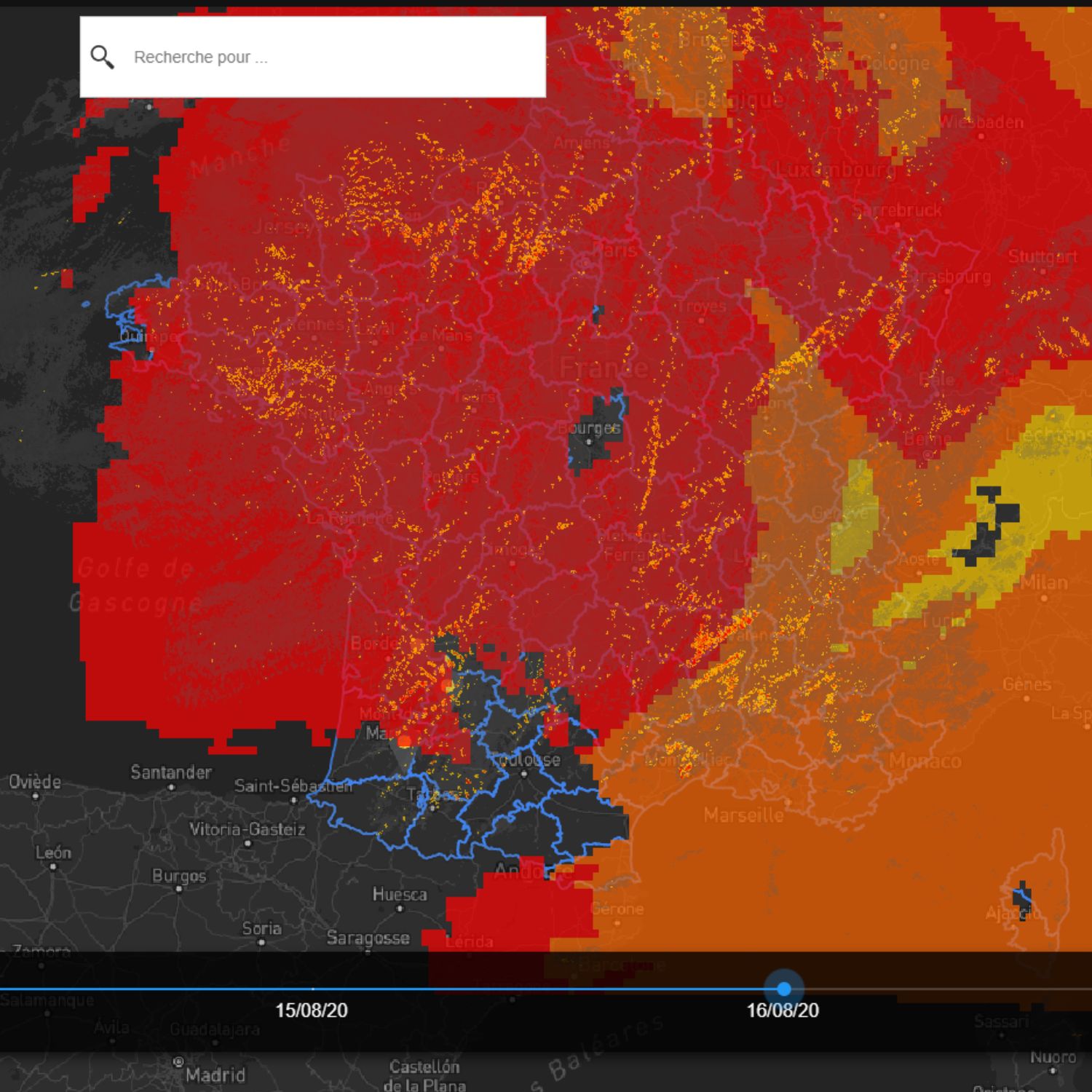 Interface de visualisation du risque de grêle et des chutes de grêle en temps réel