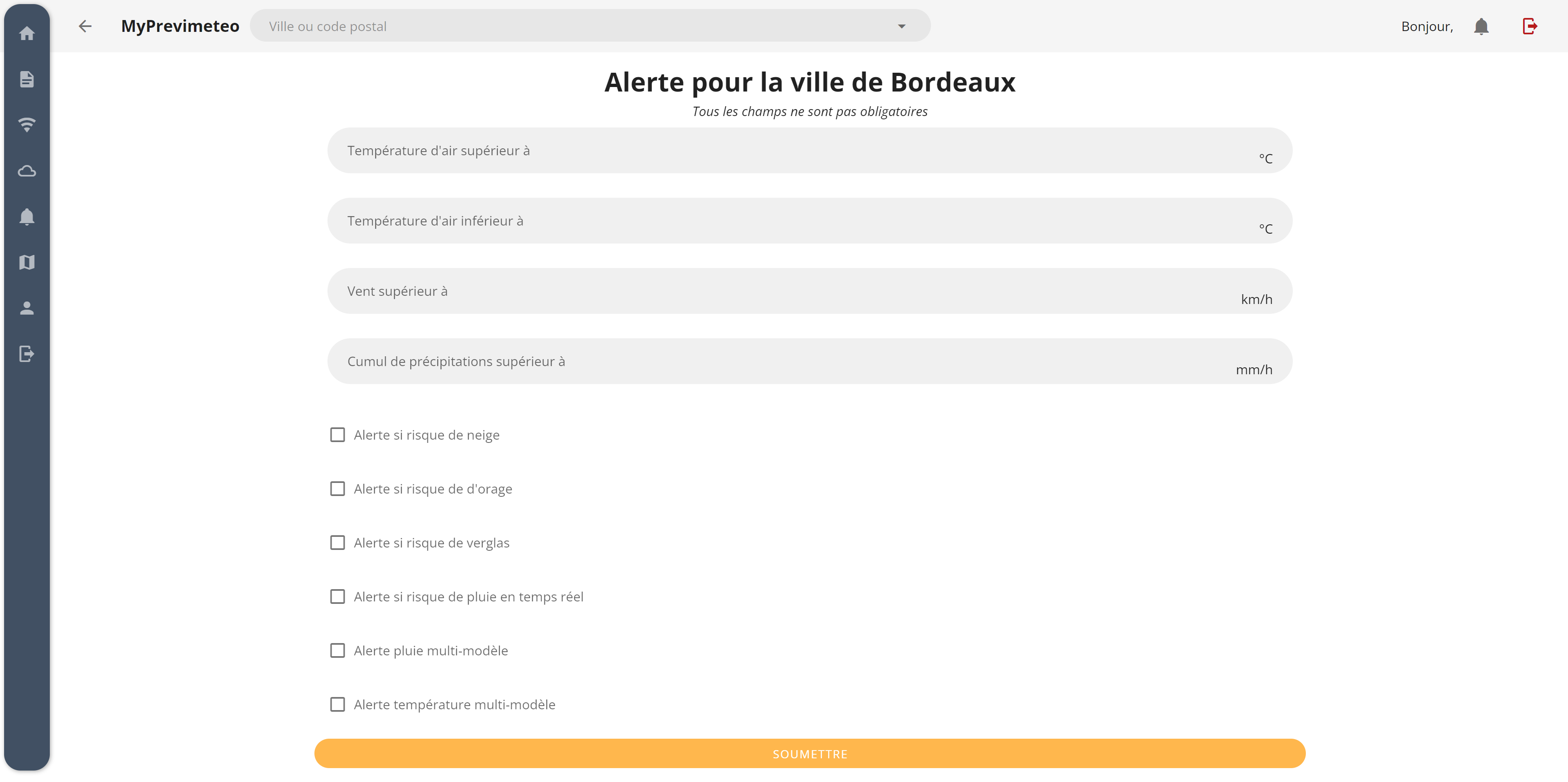 Paramétrage de vos propres seuils d'alertes depuis l'interface MyPrevimeteo